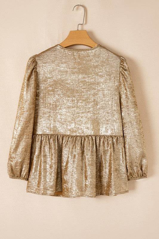 Bow Tie Front Puff 3/4 Sleeve Ruffle Hem Blouse