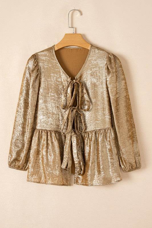 Bow Tie Front Puff 3/4 Sleeve Ruffle Hem Blouse