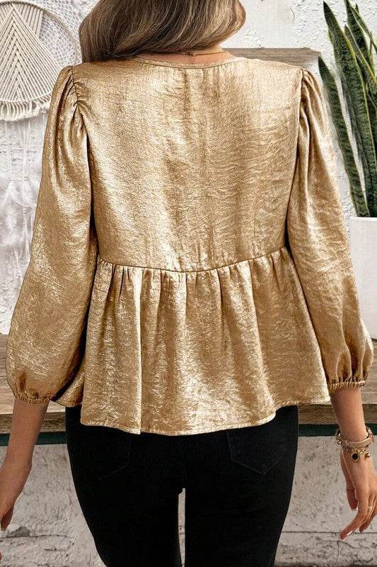 Bow Tie Front Puff 3/4 Sleeve Ruffle Hem Blouse