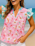 Floral Patchwork Frill Notched Neck Ruffle Blouse