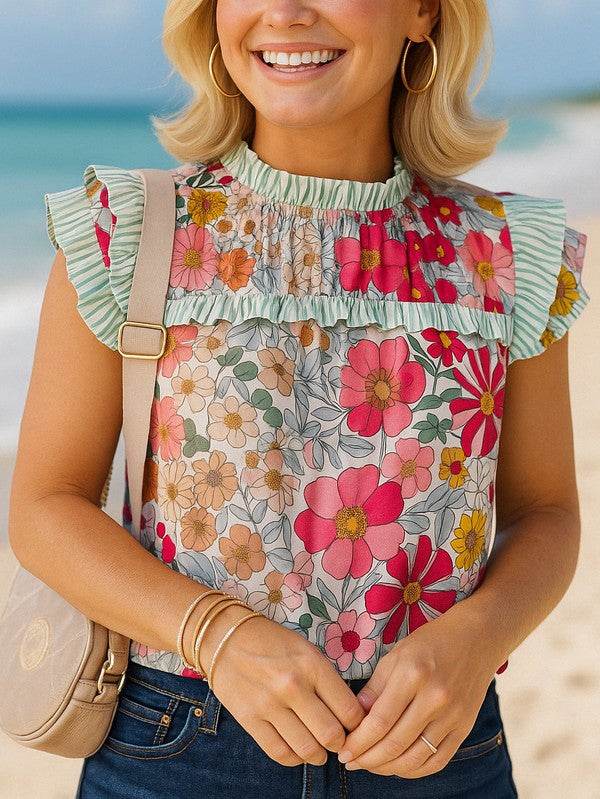 Pink Floral Ruffle Trim Pleated Panel Boho Blouse