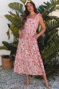 Pink Floral Lace Tied Strap Empire Waist Dress