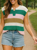 Cotton Colorblock Notch V Neck Knit T Shirt