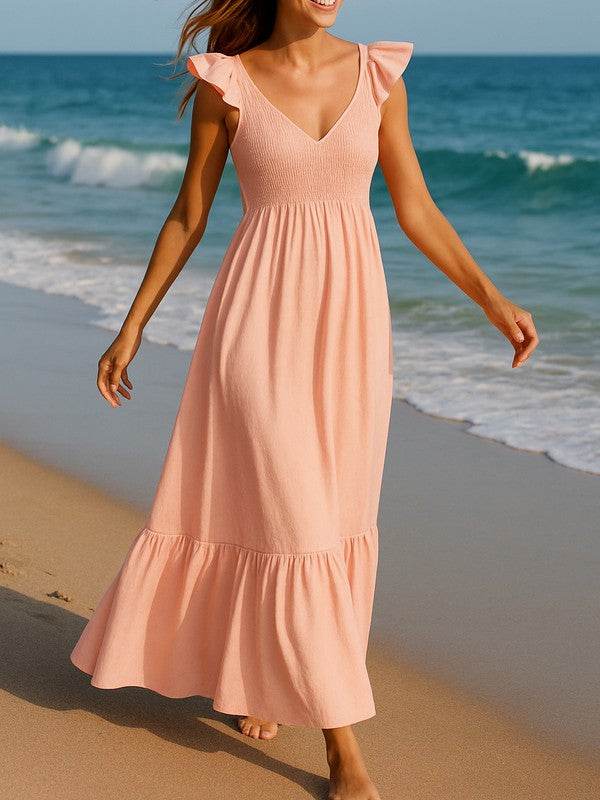Cotton Flutter Smocked High Waist Ruffle Maxi