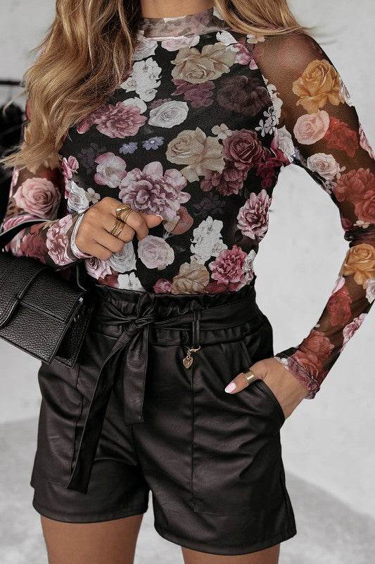 Mesh Floral Print Mock Neck Long Sleeve Slim Top