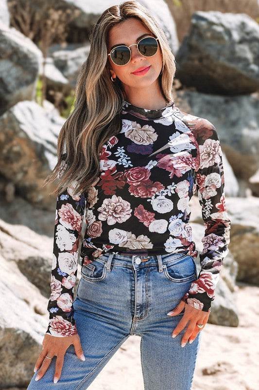 Mesh Floral Print Mock Neck Long Sleeve Slim Top