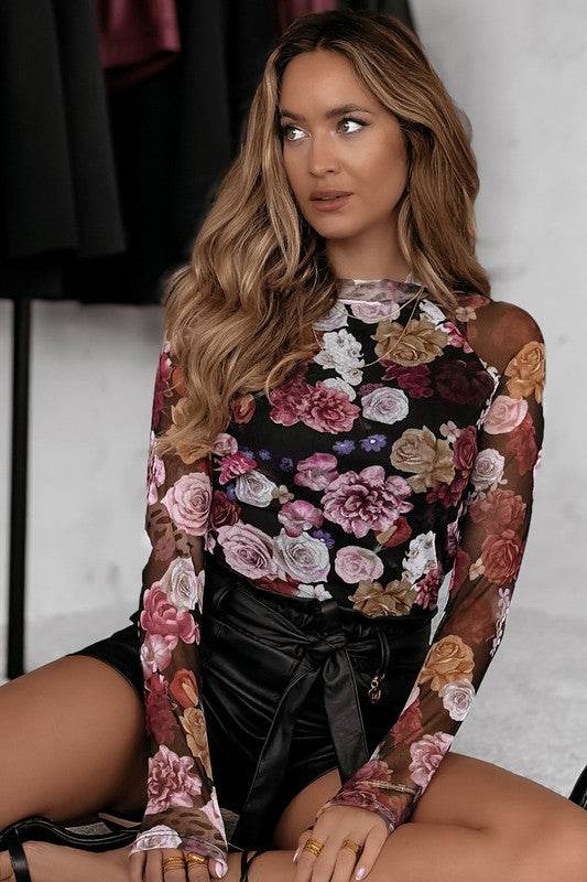 Mesh Floral Print Mock Neck Long Sleeve Slim Top