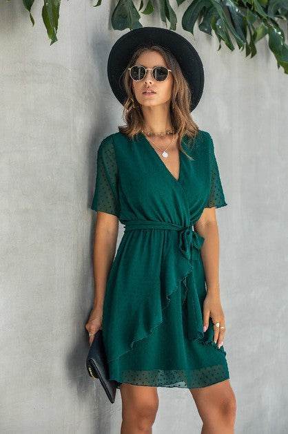 V Neck Ruffled Hem Wrap Dress