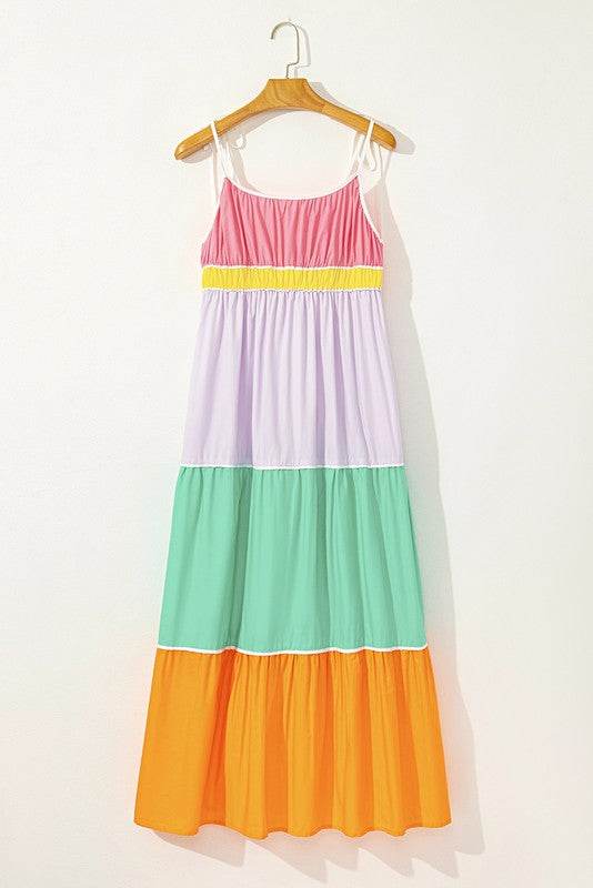 Cotton Color Tie Straps Block Maxi Dress