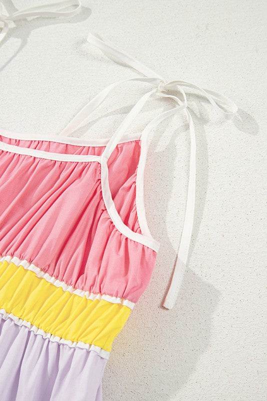Cotton Color Tie Straps Block Maxi Dress