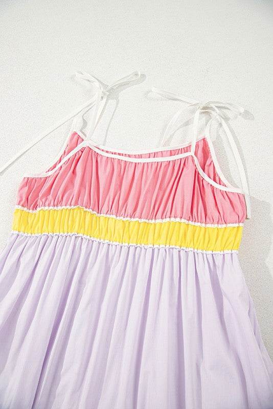 Cotton Color Tie Straps Block Maxi Dress