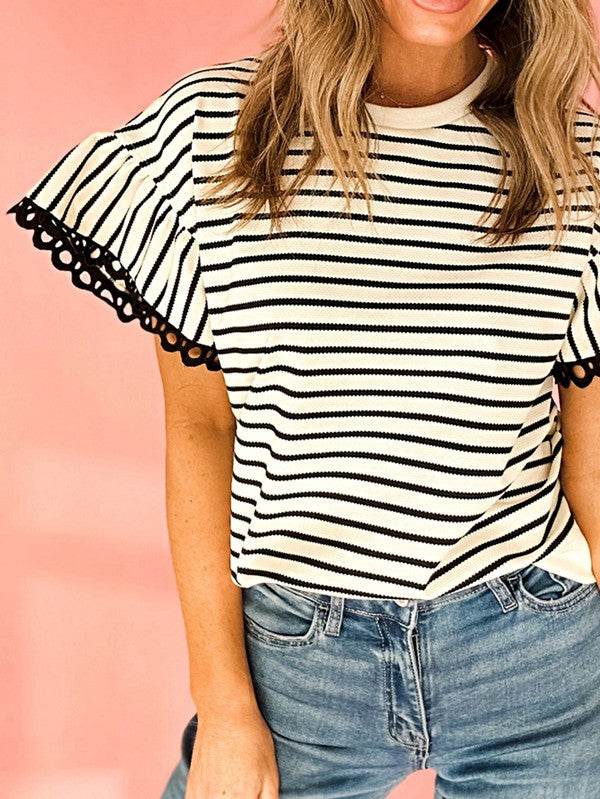 Cotton Stripe Scallop Lace Ruffle Sleeves Top