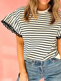 Cotton Stripe Scallop Lace Ruffle Sleeves Top