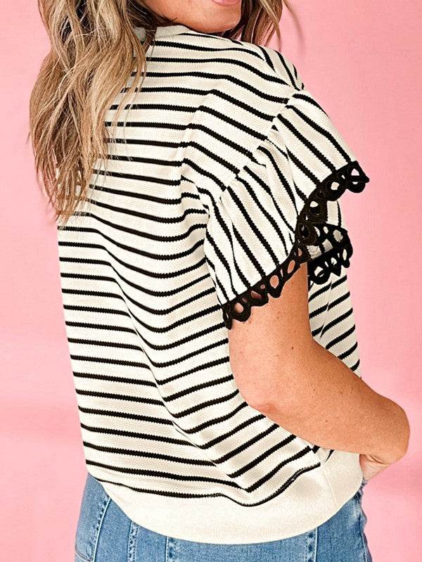 Cotton Stripe Scallop Lace Ruffle Sleeves Top