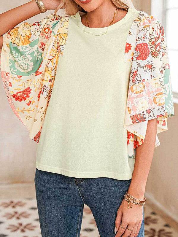 Cotton Beige Floral Patchwork Angel Sleeve Blouse