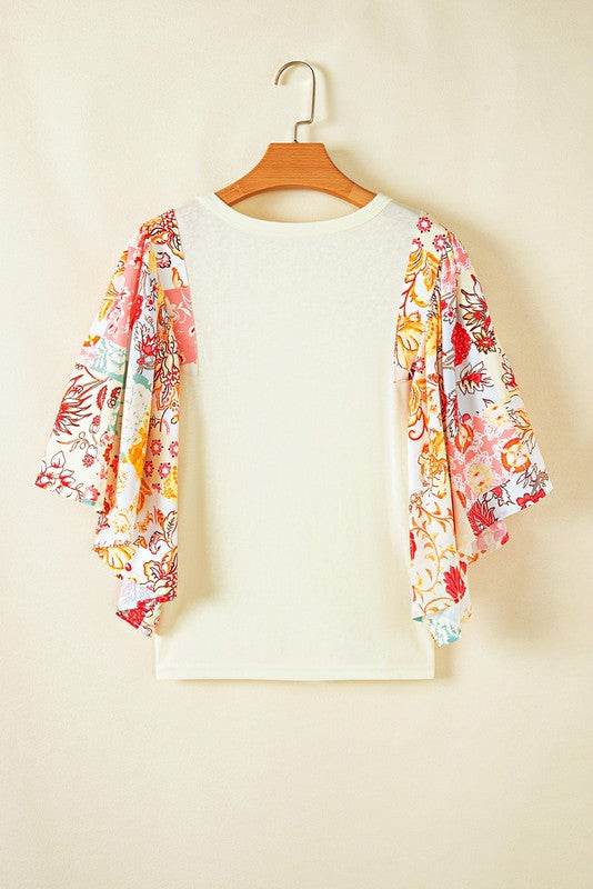 Cotton Beige Floral Patchwork Angel Sleeve Blouse