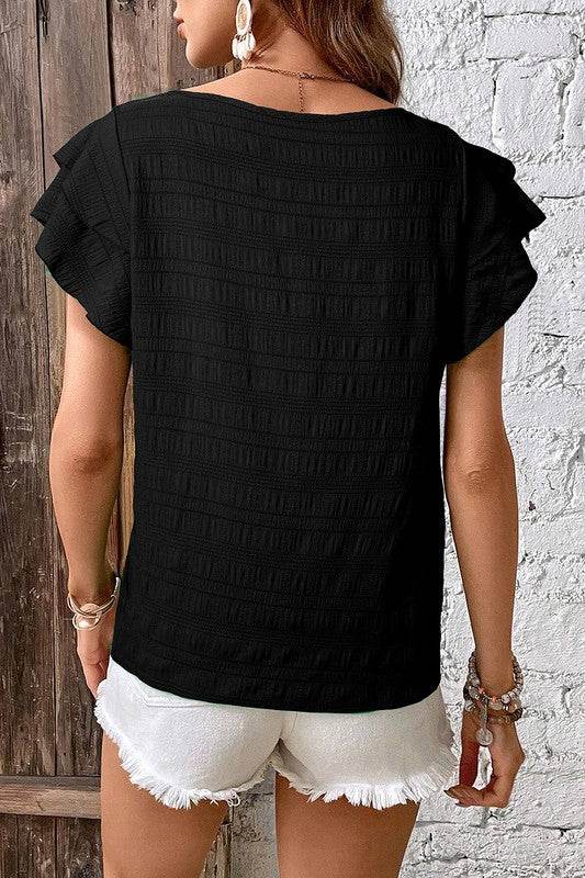 Textured Ruffled Sleeve Round Neck Top