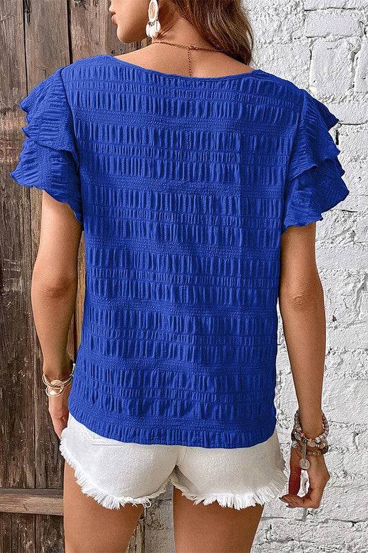 Textured Ruffled Sleeve Round Neck Top