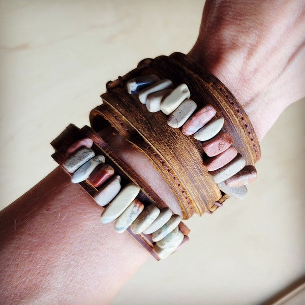 Genuine Leather Cuff w/Aqua Terra Gemstone Chunks