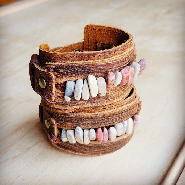 Genuine Leather Cuff w/Aqua Terra Gemstone Chunks