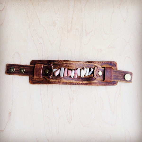 Genuine Leather Cuff w/Aqua Terra Gemstone Chunks