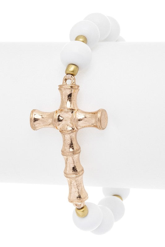 Bamboo Style Cross Charm Wooden Bracelet