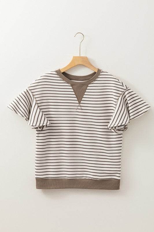 Contrast Detail Striped Ruffle Short Sleeve Top