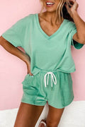 Drop Shoulder Tee Patchwork Drawstring Shorts Set