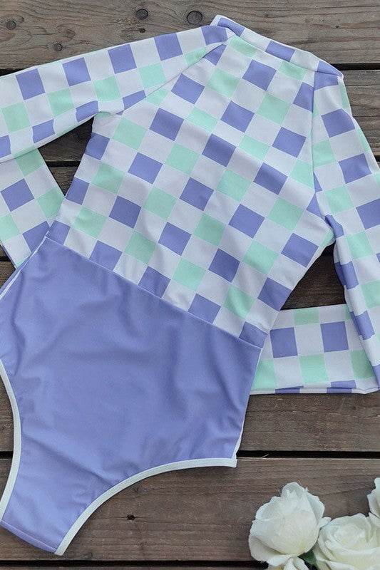 Plaid Printed Long Sleeve Swimsuit UPF50 RashGuard