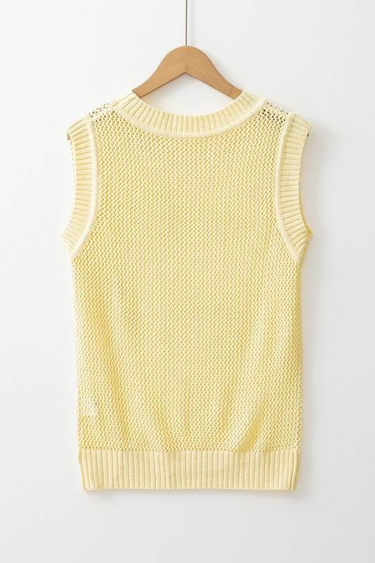 Solid Color Hollowed Knit Round Neck Sweater Vest
