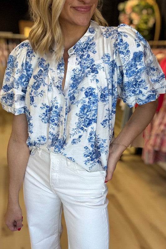 Sky Blue Floral Print Puff Sleeve Pleated Shirt