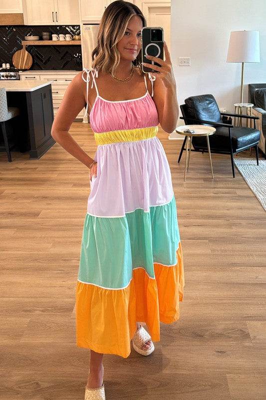 colorblock tiered mxi dress