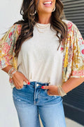 Cotton Beige Floral Patchwork Batwing Blouse