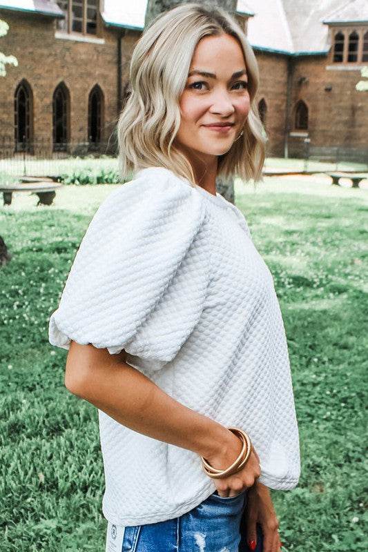 Phalaenopsis Solid Texture Puff Sleeve Blouse