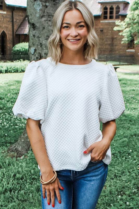 Phalaenopsis Solid Texture Puff Sleeve Blouse