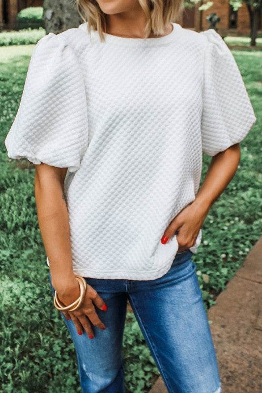 Phalaenopsis Solid Texture Puff Sleeve Blouse