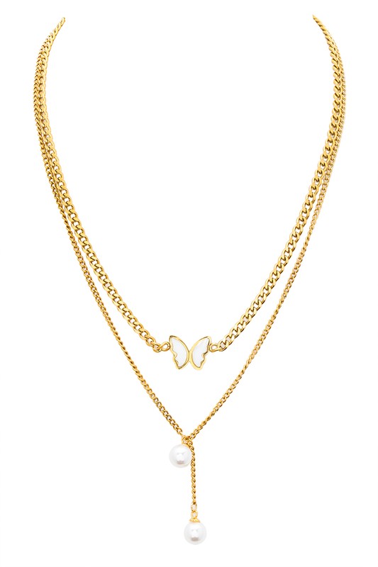 MOP Butterfly Faux Pearl Drop Layered Necklace