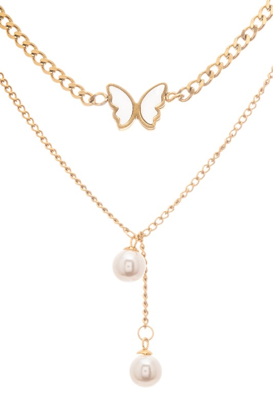 MOP Butterfly Faux Pearl Drop Layered Necklace