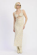 DITSY PRINT MIDI DRESS WITH CUTOUT AND LACE TRIM