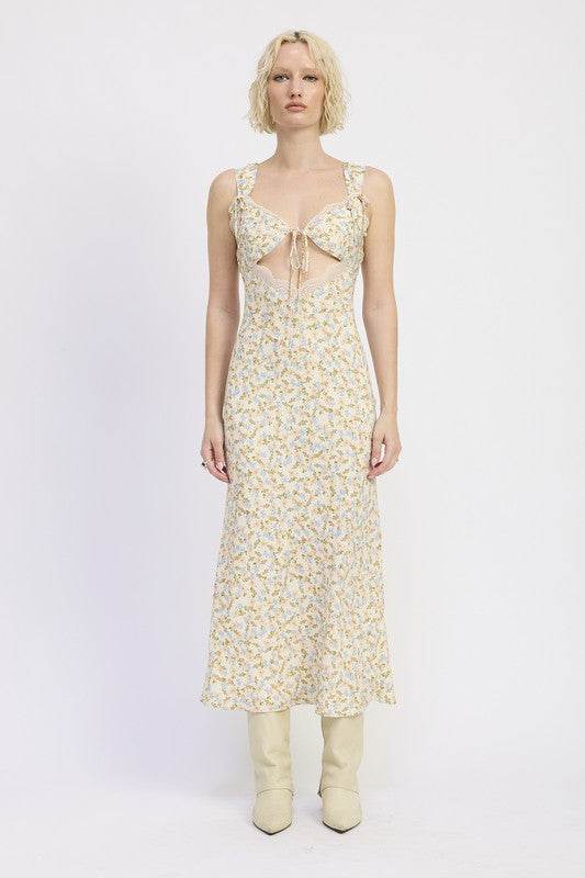 DITSY PRINT MIDI DRESS WITH CUTOUT AND LACE TRIM