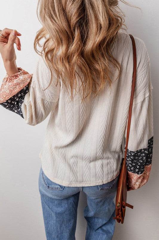 Cable knit print floral patch balloon blouse