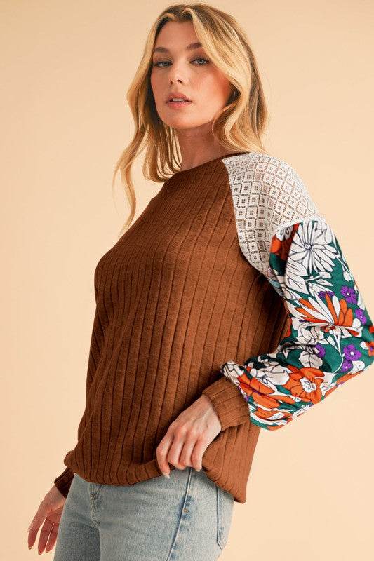 ribbed lace patch floral sweatshirt