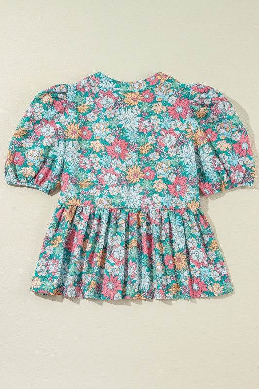 floral ruffle bottom puff sleeve blouse