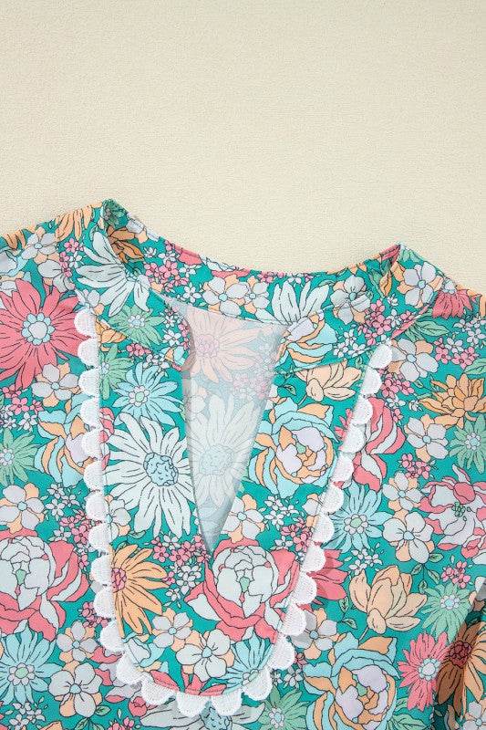 floral ruffle bottom puff sleeve blouse