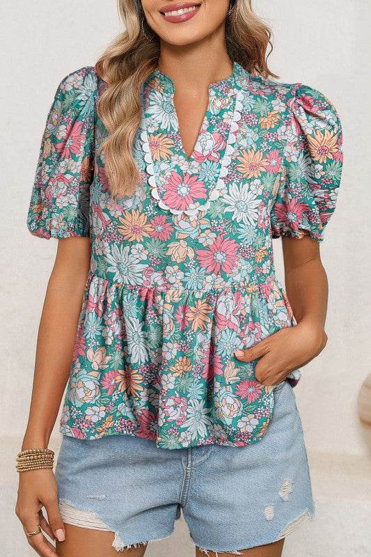 floral ruffle bottom puff sleeve blouse