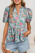 floral ruffle bottom puff sleeve blouse