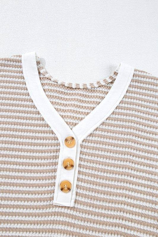 Khaki Stripe Buttoned Front V Neck Knitted T Shirt