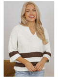 Striped Notched V Neck Cropped Sweater T Shirt