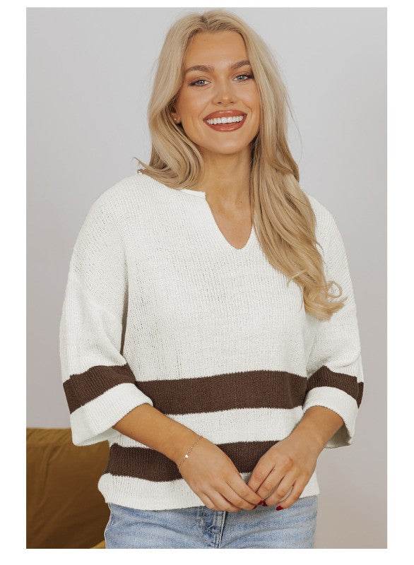 Striped Notched V Neck Cropped Sweater T Shirt