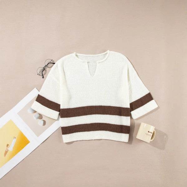 Striped Notched V Neck Cropped Sweater T Shirt